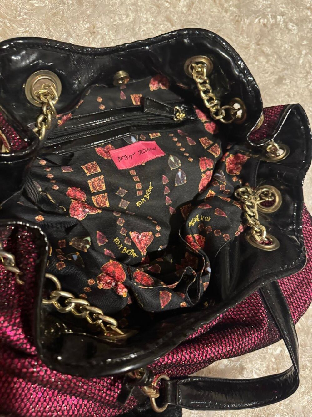 Vintage betsey johnson pink & black sequin fishnet mesh tote bag purse satchel - Picture 9 of 10